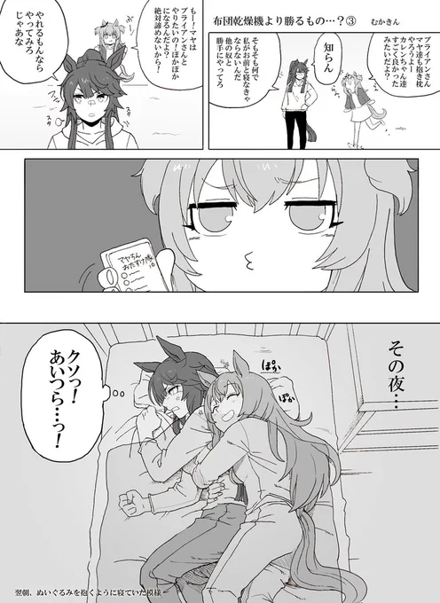 【ウマ娘漫画】布団乾燥機より勝るもの…?③オグタマ、カレアヤでやってるんだから、マヤブラでもやっておかないと終われない。てことでどんな作戦が行われたのでしょうか…#4コマ #ウマ娘プリティーダービー #ナリタブライアン  #マヤノトップガン 