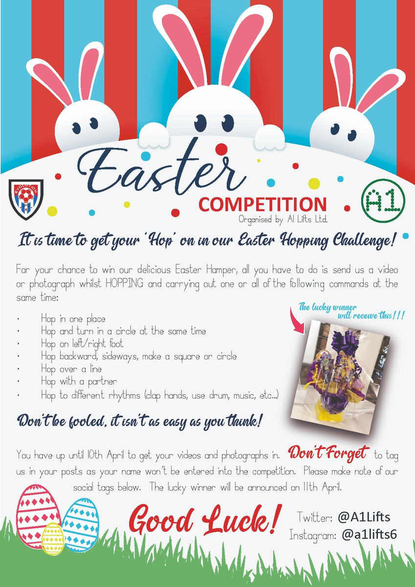 A1Lifts's tweet photo. We have challenged you @EvolutionJnrFC  You best get your 'hop on' &amp; get your videos &amp; pictures sent to us by 10th April to be in with a chance to win our delicious Easter hamper! Remember to tag us in &amp; include your name! #Easter #challenge #grassrootsfootball @JEvansLFC1 ⚽️🐇 https://t.co/LOl1Sm076r