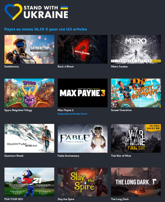 JVCom's tweet photo. Humble Bundle propose un pack de 123 articles pour 36€ en soutien à l'Ukraine !

D'une valeur de 2336€, le bundle a vraiment de la tronche (Spyro Reignited Trilogy, Back 4 Blood, Slay the Spire, Metro Exodus...).

L'argent récolté ira à des œuvres caritatives ukrainiennes. https://t.co/GcPj8V4x1H