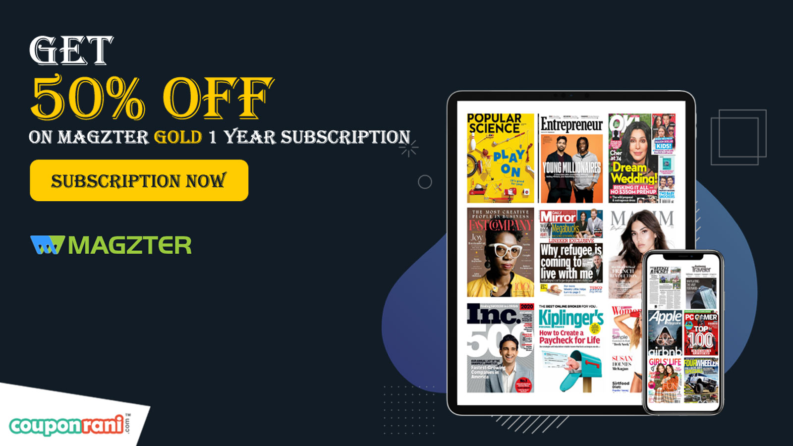 CouponRani on Twitter: "MAGZTER GOLD SUBSCRIPTION OFFER😍 Buy Magzter Gold  1 Year Subscription, get access to 7500+ #Magazines, #newspapers &amp;  premium stories. Get flat 50% off😀on the subscription Visit the link below