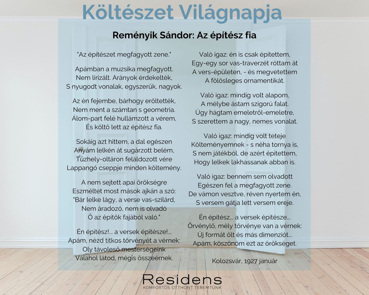 ResidensK's tweet photo. Nem is áll olyan távol a költészet az építészettől... 🙃
A Költészet Világnapján Reményik Sándor versével kívánunk nagyon szép napot!
~~~~~~~~~~~~~
#KöltészetVilágnapja #ReményikSándor #AzÉpítészFia #épületgépészet
#WorldPoetryDay #POEMS #PoemADay https://t.co/7zOkA1yo8P