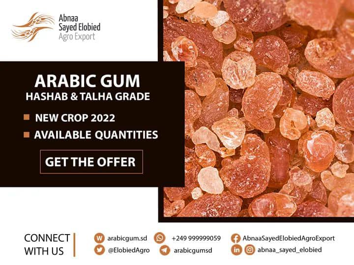 ElobiedAgro's tweet photo. Our Company offers raw Arabic Gum Hashab and Talha grade. Grab the best deal and maintain your good health.
Visit us: 
Website: https://t.co/y9tcgYaR6O
E-mail: info@arabicgum.sd/
Phone: +249 99 999 9059
#arabicgumsupplier #gumarabic #export #peanut #sesame #olibanum #hibiscus https://t.co/ZiBJpIQDTZ
