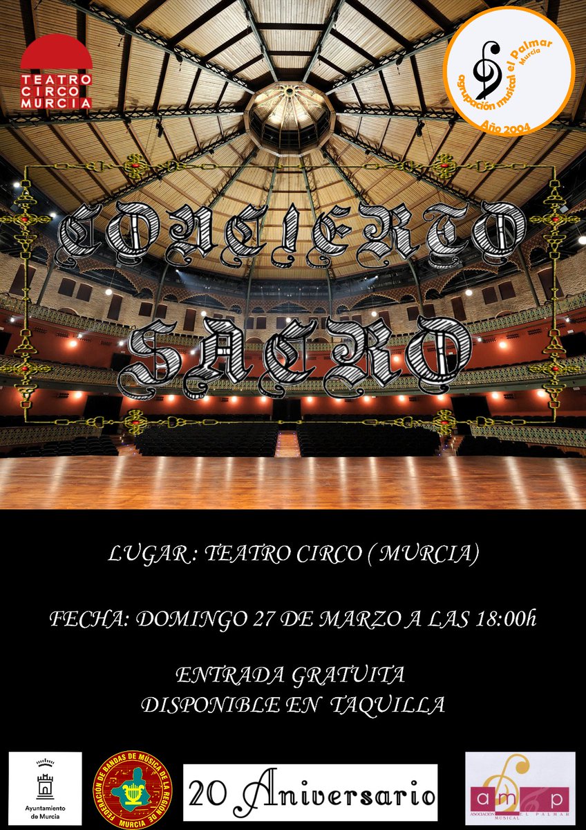 <a href="/CulturaMurcia/">Cultura de Murcia</a> <a href="/AytoMurcia/">Ayuntamiento de Murcia</a> <a href="/febandasrmurcia/">Federación Bandas de Música de la Región de Murcia</a> <a href="/CESociedadesM/">CESM</a> <a href="/BandasEventos/">Eventos de Bandas</a> 
Sí no pudiste conseguir invitación para el concierto de primavera y te quedaste con ganas de ver a la Asociación Musical El Palmar.
Este domingo en el <a href="/teatrocircomur/">Teatro Circo Murcia</a> la pasión por la Semana Santa volverá.