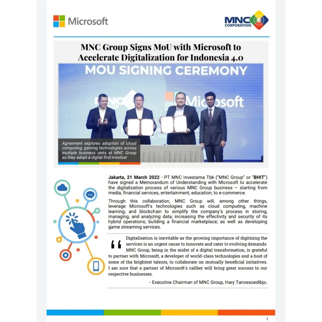 884GlobalRadio's tweet photo. entertainment, pendidikan, hingga e-commerce.

Diharapkan kerja sama ini juga bermanfaat bagi percepatan digitalisasi nasional.

Terima kasih Microsoft atas kepercayaannya terhadap MNC Group. #HT

#MNCGroup #Microsoft #BHIT #MSIN #BCAP #KPIG #HaryTanoesoedibjo https://t.co/45cPCUY0jx
