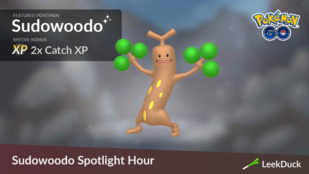 LeekDuck's tweet photo. A Pokémon Spotlight Hour is set for Tuesday, March 22, from 6 pm to 7 pm local time. During the hour, there will be an increased number of Sudowoodo appearing in the wild, and you’ll earn double XP from catching Pokémon.

Track Spotlight Hours: https://t.co/BSJxXyQ735 https://t.co/vDoR1c2FQw