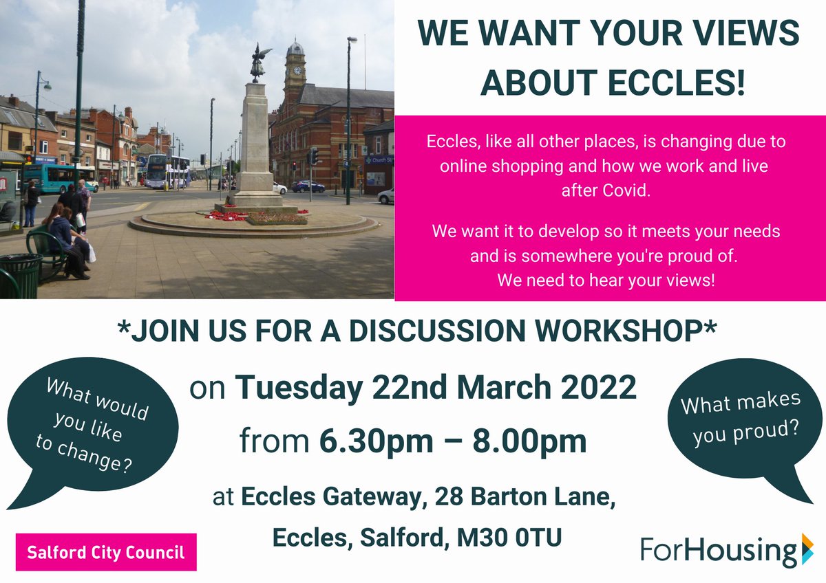 In partnership with <a href="/SalfordCouncil/">Salford City Council</a> we want to work with residents living in Eccles and hear their views! If you live in Eccles join in the discussion. Find out more via the details below