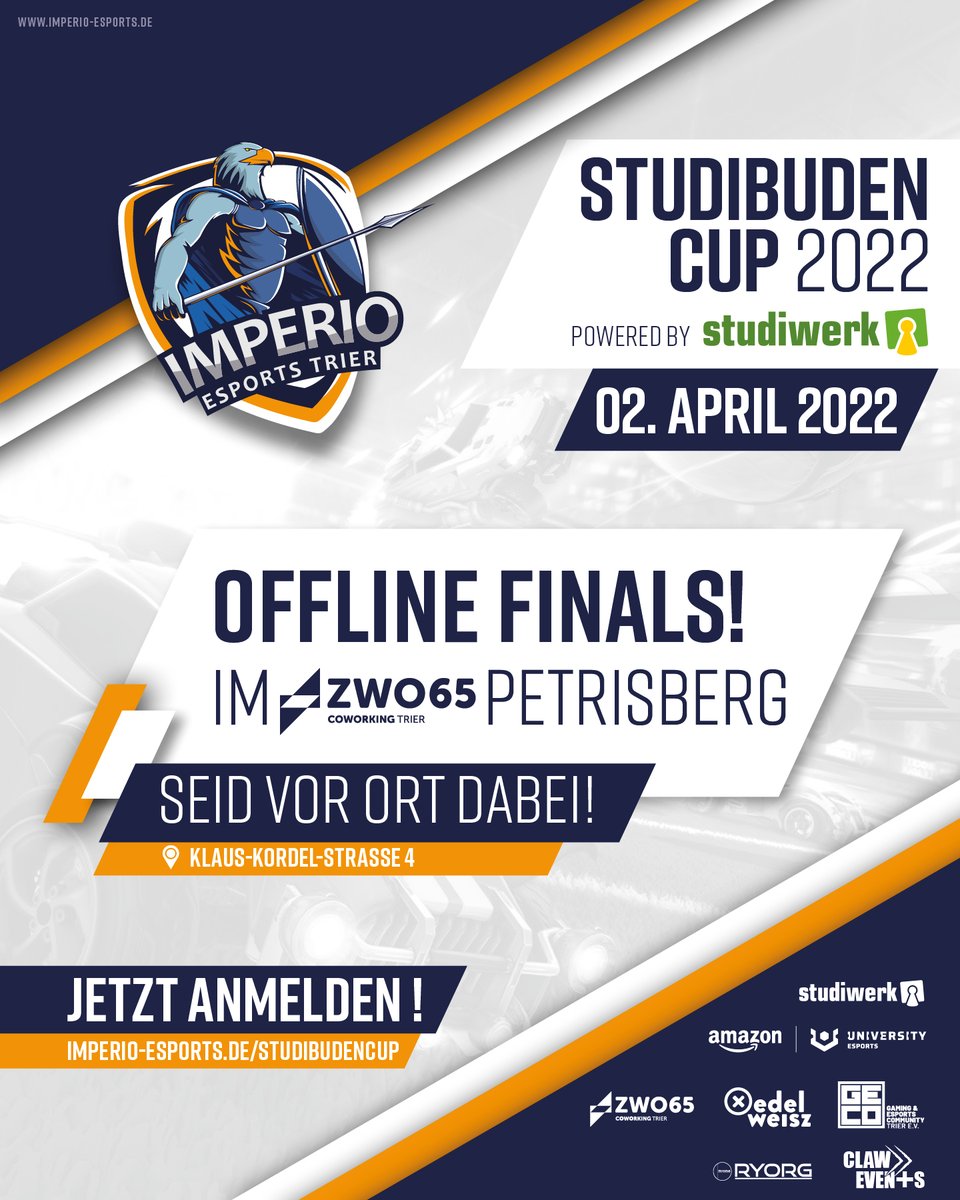 Wir sehen uns im Space! Die Finalspiele des #Studibudencup 2022 werden lokal im ZWO65 Coworking Trier auf dem Petrisberg austragen! 
Wichtig: Es gelten die aktuellen Corona Bestimmungen (3G) Alle Infos findet ihr unter: studibudencup.de