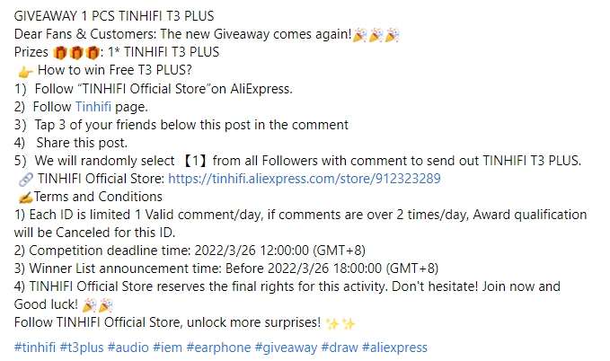 tttaudio's tweet photo. GIVEAWAY 1 PCS TINHIFI T3 PLUS 

 TINHIFI Official Store: https://t.co/ee7IE2oPuV

#tinhifi #t3plus #audio #iem #earphone #giveaway #draw #aliexpress https://t.co/uGNaLhBu9h