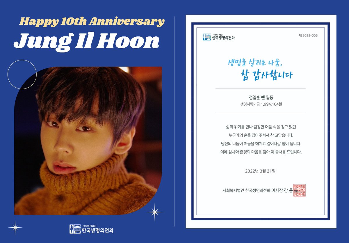 가수 정일훈님의 데뷔 10주년을 맞아 팬분들이 소중한 기부금을 보내주셨습니다🤍 
정일훈님의 생일(1994.10.4)을 의미하는 금액인 1,994,104원을 함께 모아 뜻 깊은 날을 기념해주셨습니다💐
데뷔 10주년을 진심으로 축하드리며, 소중한 생명을 살리는 일에 함께 해주셔서 감사드립니다!