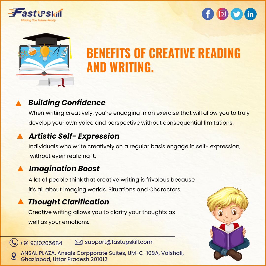 FastUpSkill's tweet photo. ✒️ Creative Reading and Writing are art.
🔥 Here are some of the benefits of creative reading and writing.

#onlinelearning #onlinelearningplatform #fastupskill #online #onlinestudy #onlinestudyclasses #publicspeaking #logicalreasoning #edtech #creativewriting #education https://t.co/jAgoxuPatN