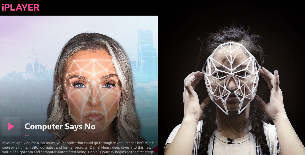 WhitleyDanceCo's tweet photo. Spot the difference - promo image of BBC's Computer Says No side by side with our biometric masks (by @anarajcevic) from our piece Overflow.

"Daniel Henry deep dives into this new world of algorithm and computer-automated hiring" 

https://t.co/8alz6ItHEB https://t.co/ATGYZOIxlH
