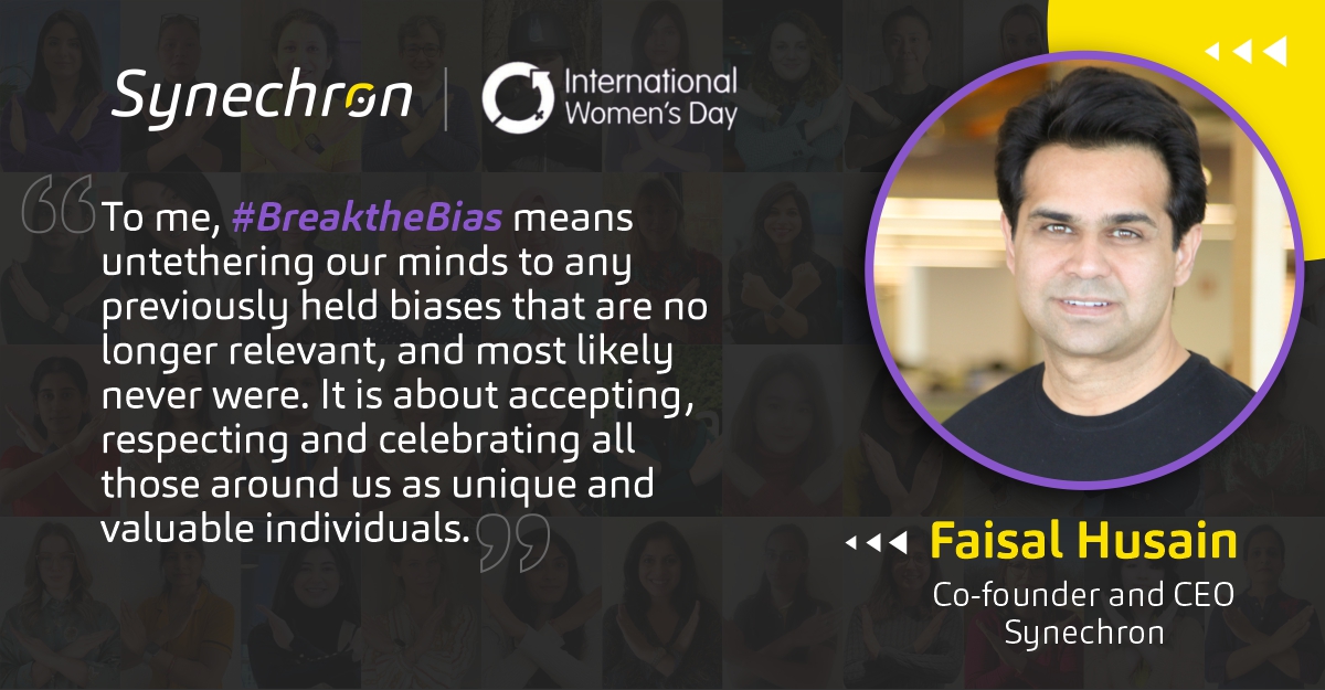 Synechron's tweet photo. How can we #BreakTheBias this #IWD2022? Let’s accept, respect, and celebrate all as valuable individuals, says #Synechron’s @iFaisalHusain https://t.co/1CYwYFrIVP