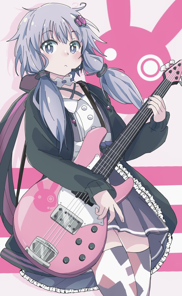yuzuki yukari 1girl solo instrument holding instrument hair ornament purple hair thighhighs  illustration images