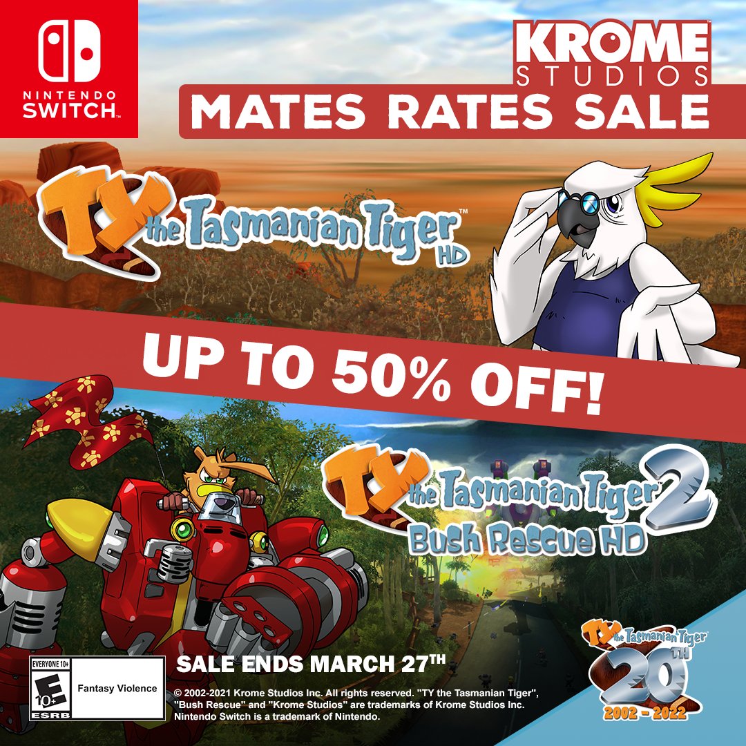 Tasmanian_Tiger's tweet photo. Get those #boomerangs blazing with these awesome savings on #Nintendo eShop with #TYtheTasmanianTiger. 😻

It's @KromeStudios Mates Rates Sale. Let your mates know, mate. Cheers!

One week only. Sale ends Sunday. Save up to 50%.
https://t.co/Pr1y8lwddn

#NintendoSwitch #Australia https://t.co/ab3xYmJArk