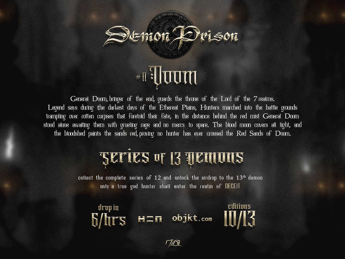 🔱Announcement🔱DEMON PRISON🔱 

#11 - DOOM 💥
General Doom, bringer of the end,  guards the throne of the Lord of the 7 realms.

Drop in 6 Hours⏳
#NFTs  #nftcollectors  #tezos  #NFTCommunity #teia #hicetnunc2000 #CleanNFT #objkt