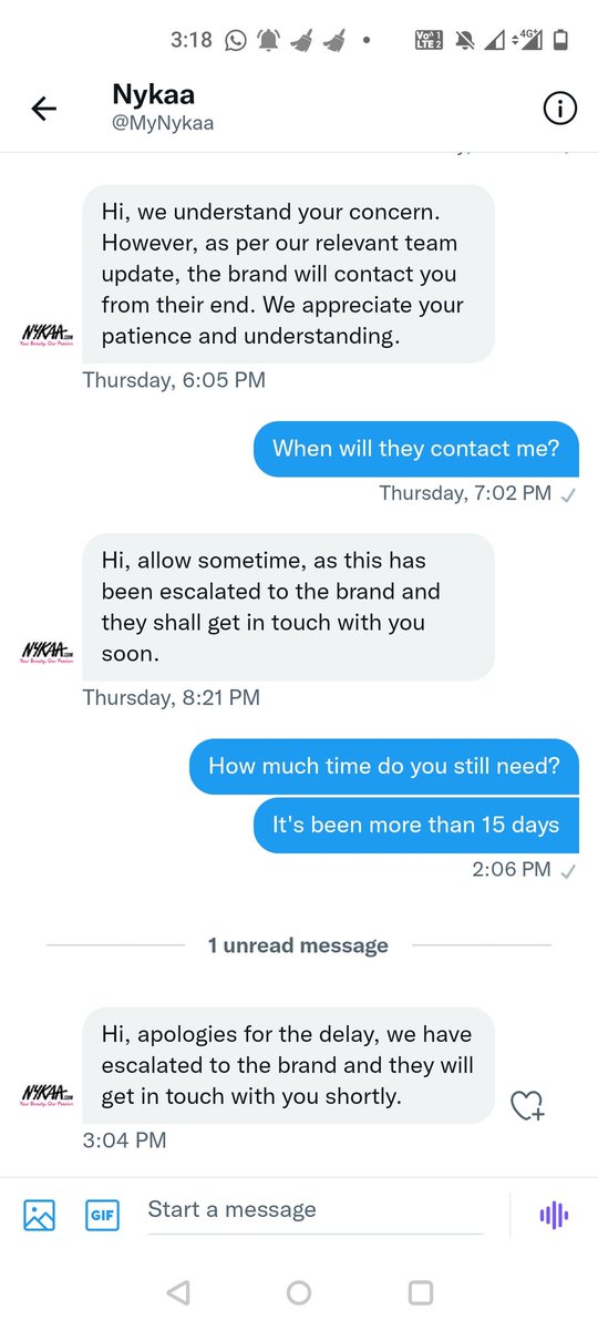 _pakeezah_'s tweet photo. I can't believe how irresponsible big company like @MyNykaa is. I make a costly purchase, the product turns out to be faulty, they pick it up after complaining many times, and now it's been 14 days since the pickup and this is the only constant response I'm getting from them!! https://t.co/9XgxpVupUi