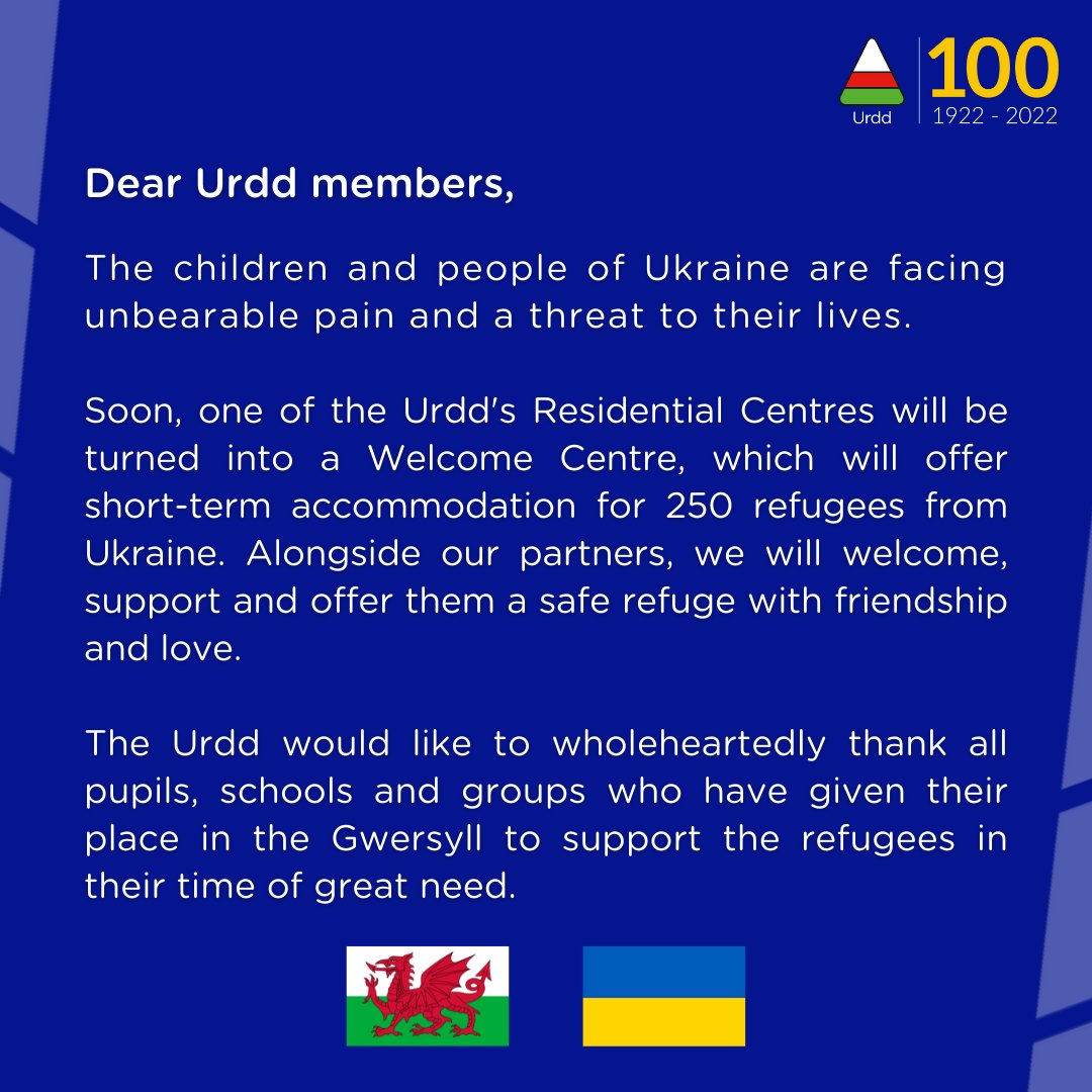 Byddaf ffyddlon i’m cyd-ddyn. 

Datganiad o gefnogaeth gan yr Urdd i ffoaduriaid Wcráin. 🏴󠁧󠁢󠁷󠁬󠁳󠁿🇺🇦

Urdd to support Ukrainian refugees.
There’s strength in unity. Сила в єдності.