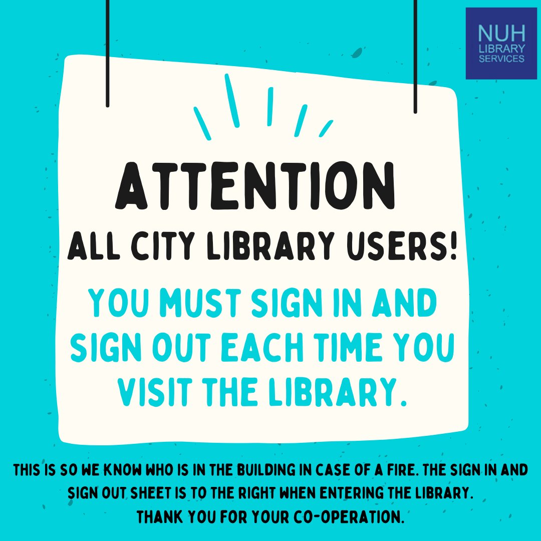Effective immediately, will all visitors to #CityHospitalLibrary please sign in and sign out using the sheet next to the door. Thank you!📝📚