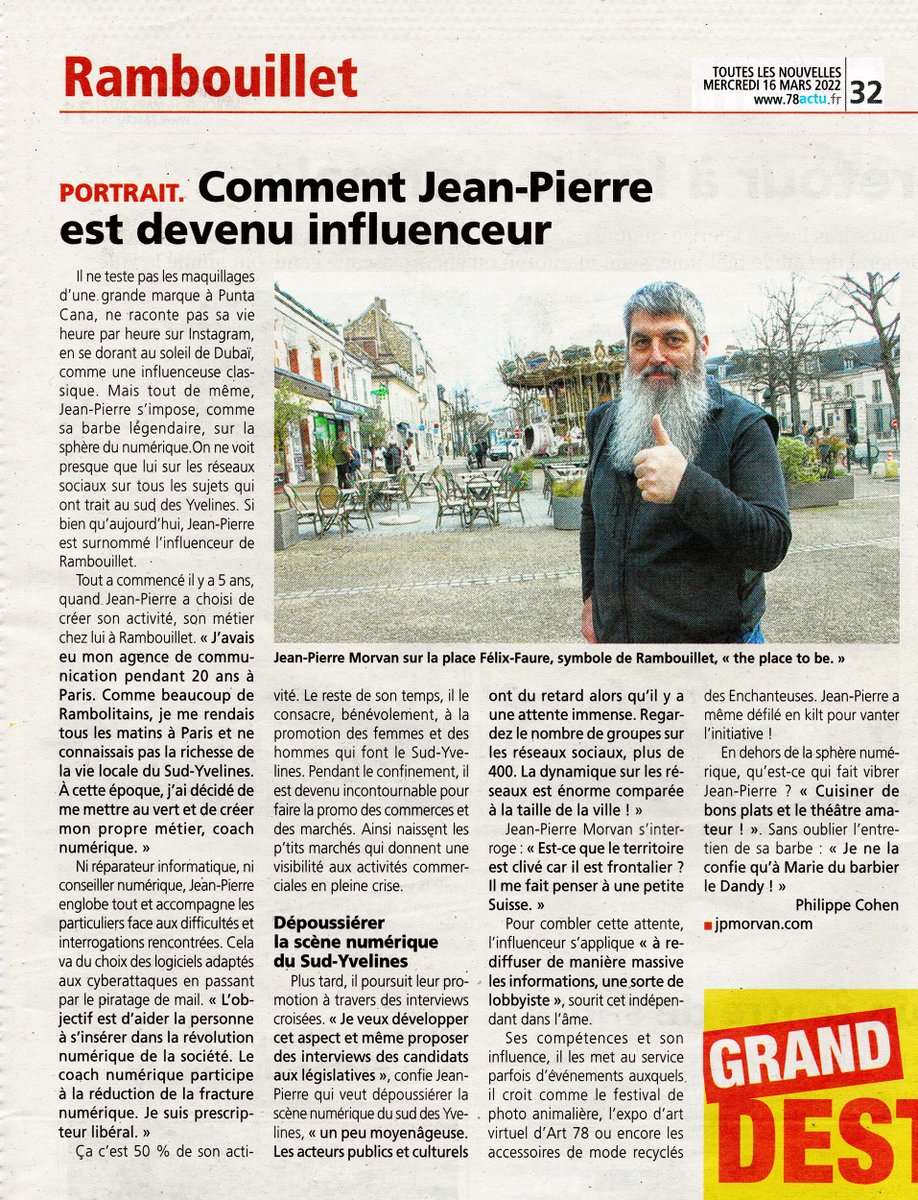 [Partie 4] Comment Jean-Pierre est devenu influenceur  <a href="/CohenPhilipp/">Philippe Cohen</a> <a href="/jp78120fr/">Jean-Pierre MORVAN</a>

Le reste de son temps, il le consacre, bénévolement, à la promotion des femmes et des hommes qui font le Sud-Yvelines 
#DepoussiererLaSceneNumeriqueDuSudYvelines #coachnum jpmorvan.com
