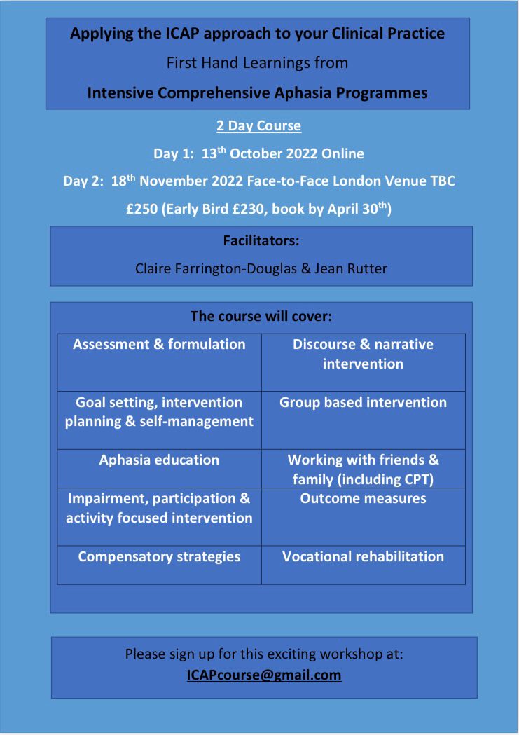 JeanRutter4's tweet photo. Do you want to know more about applying Intensive Comprehensive Aphasia Programs to your clinical practice? Join our 2 day course @clairefarring20 @ICAPcommunity @BasAphasia https://t.co/QBTc6Ls2vn