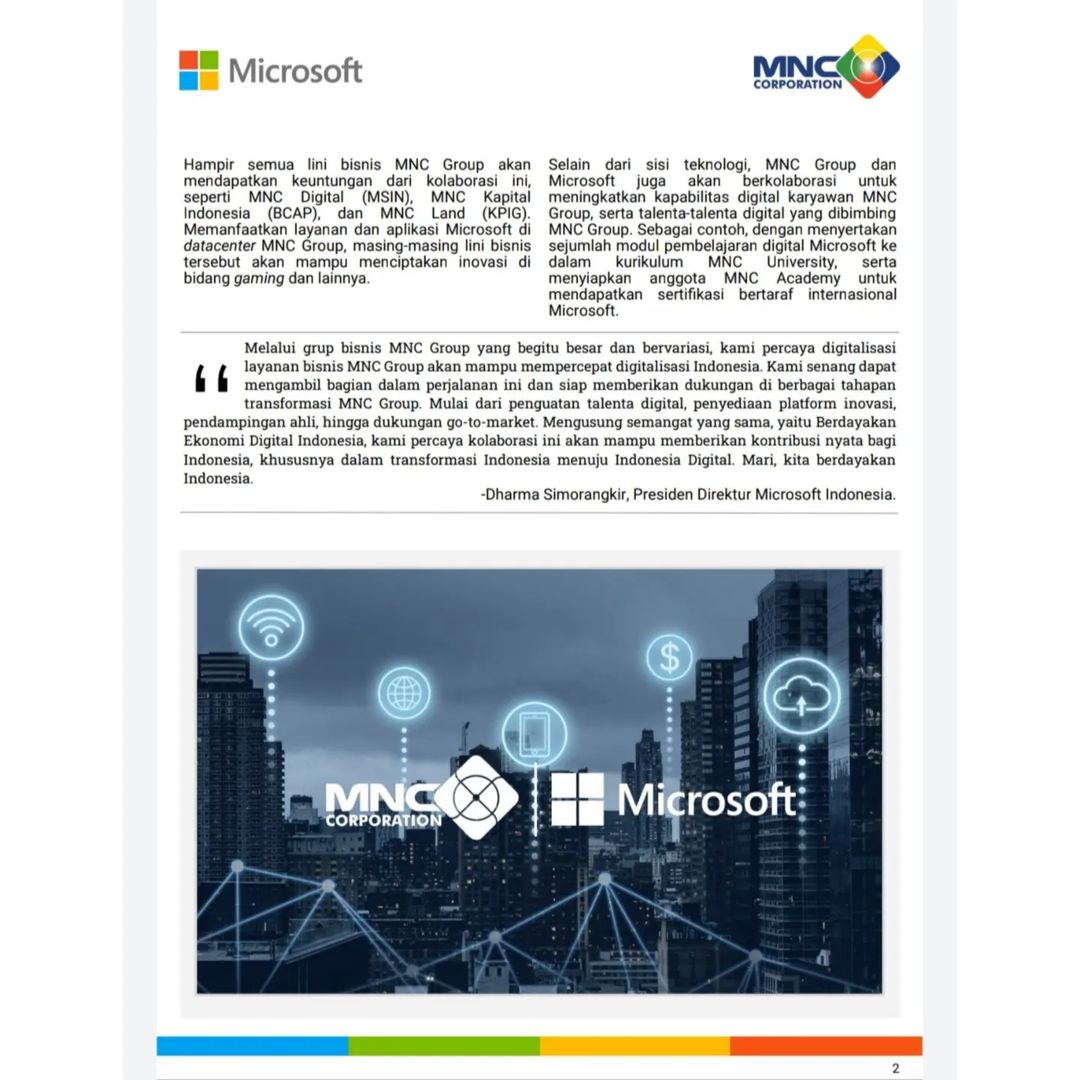 SeputariNews's tweet photo. Terima kasih Microsoft atas kepercayaannya terhadap MNC Group. #HT

#MNCGroup #Microsoft #BHIT #MSIN #BCAP #KPIG #HaryTanoesoedibjo https://t.co/VYJRc67JbY