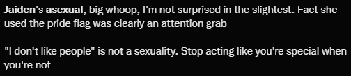 EvieLupine's tweet photo. oh hey it's that acephobia I  tweeted about this morning, my day has come full circle: 

(this just in, being asexual is appropriating queer culture, I???) https://t.co/2yqrB0dtai