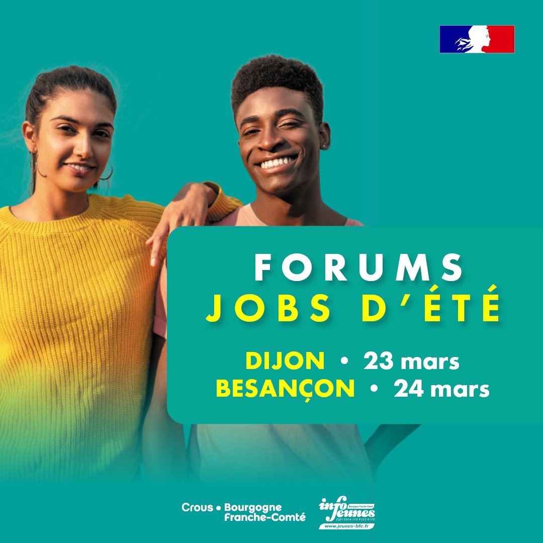 CrousBFC's tweet photo. ☀️À ne pas rater cette semaine, les Forums #jobsdete avec @CRIJ_BFC et le #CrousBFC !

📍Mercredi 23 mars à #Dijon ⸱ Salle Devosge
📍Jeudi 24 mars à #Besançon ⸱ Palais des Sports
rencontrez de 10h à 17h de nombreux recruteurs munis de votre CV !

Infos👉 https://t.co/HHLWtwNEs1 https://t.co/IwZt4Z4Vnz