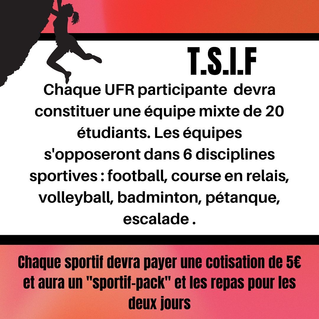 [TOURNOI SPORTIF INTER-FACULTÉS📣]

Pour participer 👉🏼 docs.google.com/forms/d/e/1FAI…
Notre évent FB 👉🏼 m.facebook.com/events/s/tsif-…