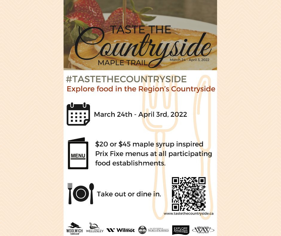 WilmotTownship's tweet photo. TASTE THE COUNTRYSIDE MAPLE TRAIL! 
A 10 day dining event from March 24th – April 3rd, featuring delicious menus incorporating locally-sourced produce highlighting our townships’ amazing restaurants and eateries. For details visit https://t.co/1WWJopLBEQ https://t.co/m4LwYPsdhP