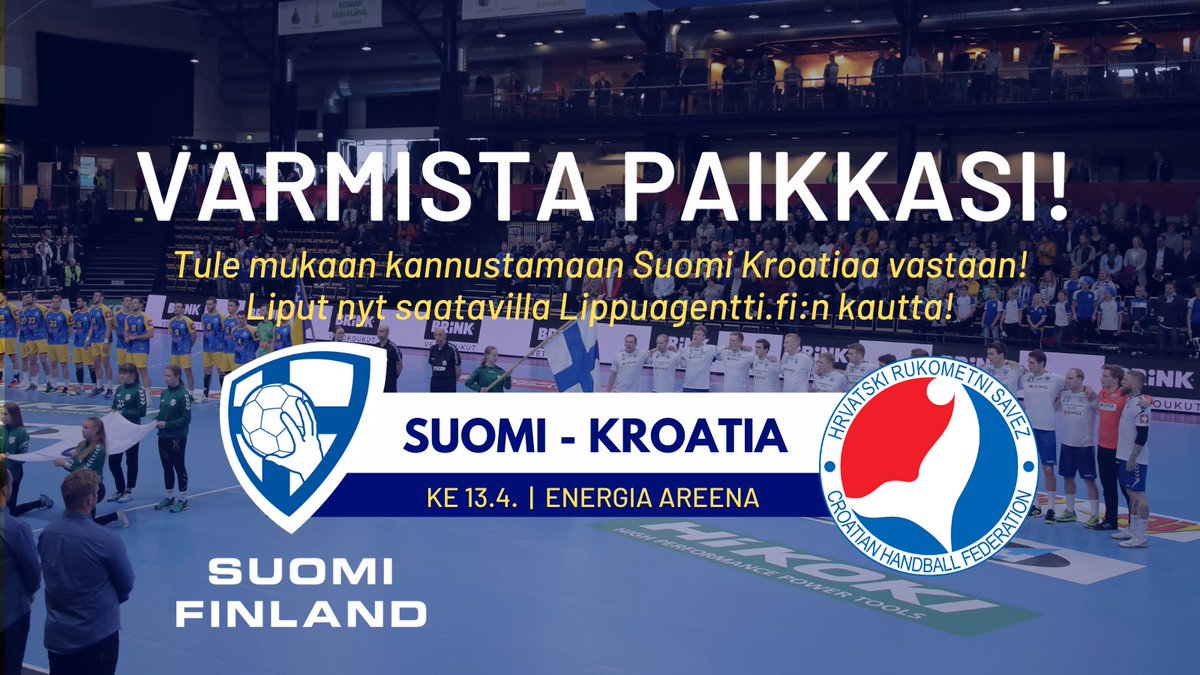 finnhandball's tweet photo. ÄN, YY, TEE NYT!!!
Suomi🇫🇮-Kroatia🇭🇷 liput ovat nyt myynnissä. Varmista paikkasi odotettuun MM-karsintaotteluun ja tule kannustamaan Suomea Euroopan huippupelaajia täynnä olevaa Kroatiaa vastaan. https://t.co/maRlUR51NO
