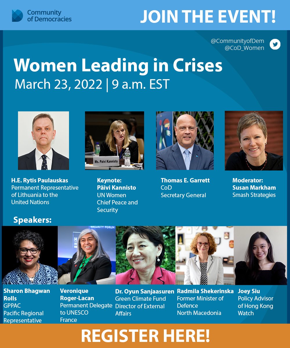 CommunityofDem's tweet photo. Join us on March 23 on the margins of #CSW66
to discuss women's leadership on the frontlines of crises w/ @rytispaulauska @PaiviKannisto @UN_Women @ThomasEGarrett @msmarkham @sharonfiji @rogerlacanv @OyunGCF @Sekerinska @jooeysiiu
@hk_watch 

Registration: https://t.co/DY9VVSxWVL https://t.co/p0VIAQmHPX