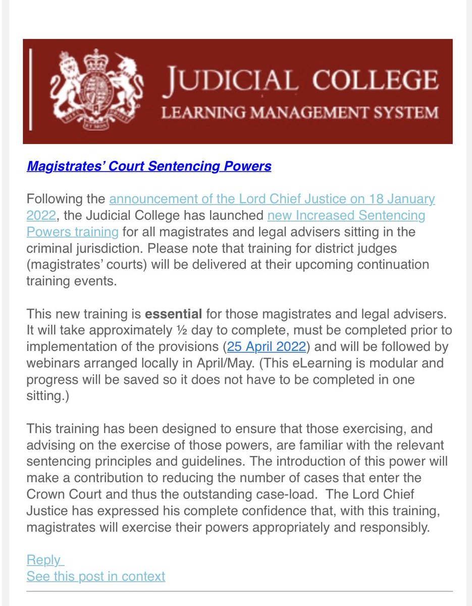 stephenoldhamuk's tweet photo. Is this for real. Magistrates to get increased powers to double the maximum prison sentence 25/4/2022. And the will get just half a day online training.  What do you think ⁦@legalhackette⁩ ⁦@JoshuaRozenberg⁩ ? https://t.co/Z5ZMT7akSu