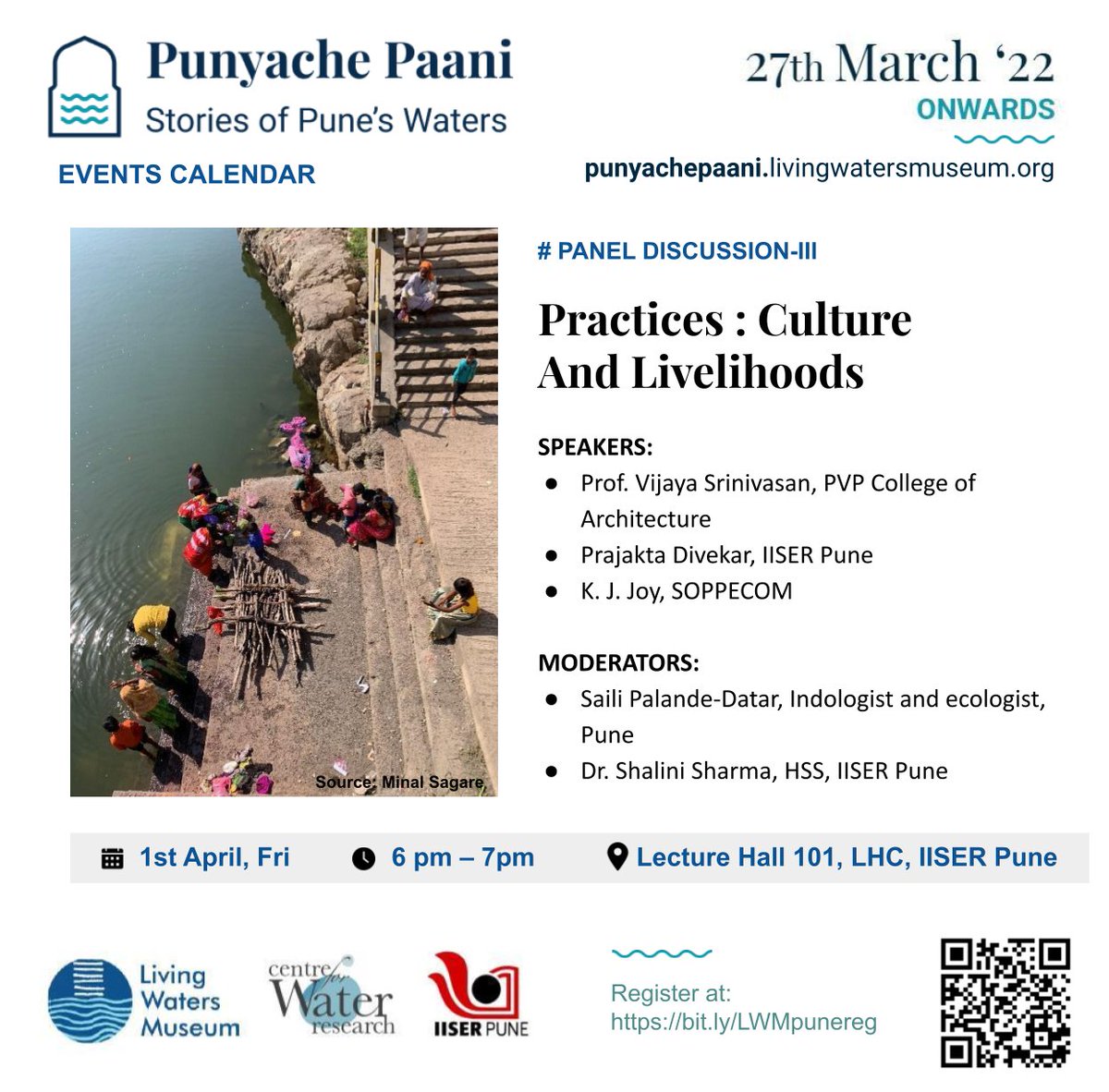 Register for the upcoming panel discussions around Water ~ People, Places and Practices

on Mar 28, Mar 30 and Apr 1 
at LHC 101, IISER Pune.
Start time - 6 pm.

Register at
bit.ly/LWMpunereg

#PunyachePaani #storiesofPunewaters
#centreforwaterresearch
<a href="/IISERPune/">IISER Pune</a>