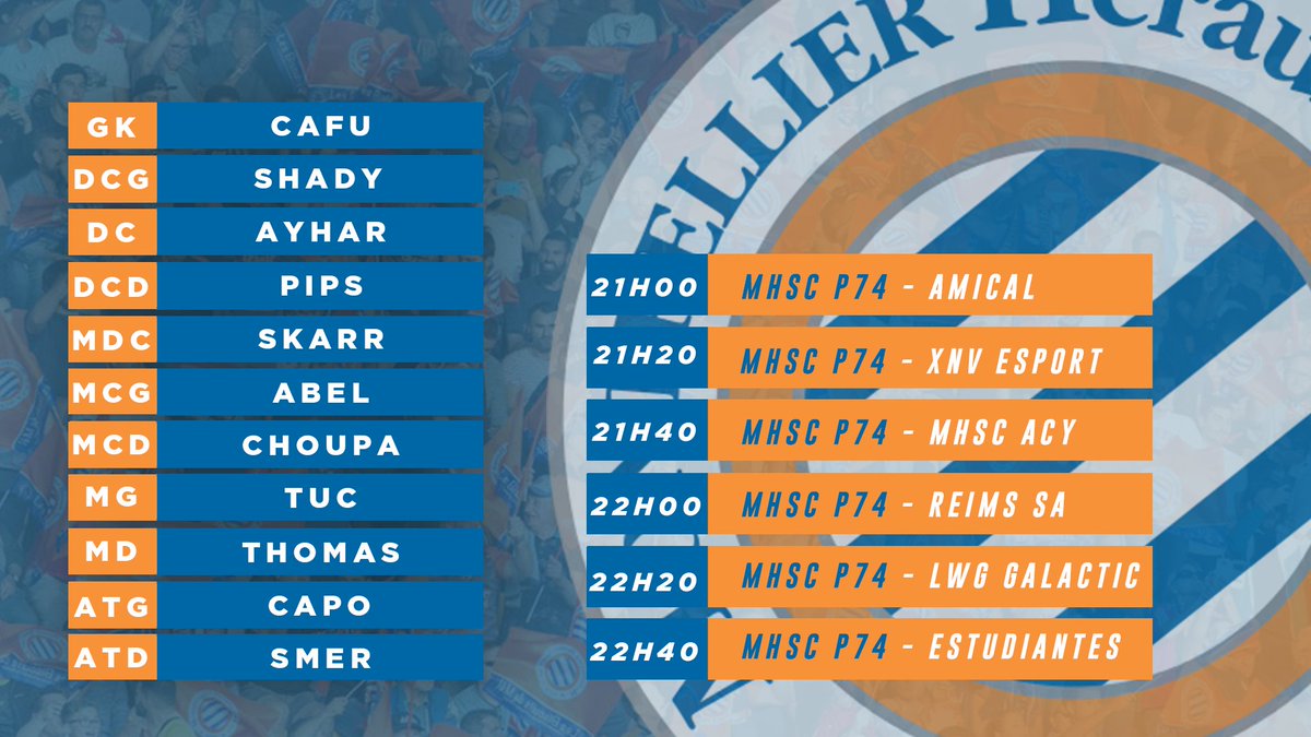 Voici la compo pour cette soirée importante de la ligue Or @EfifaOnline 

Nous serons commentés en direct sur notre chaîne YouTube MHSC PRO CLUB OFFICIEL ! 

On vous attend nombreux ! 

ALLEZ MHSC 🔵⚪️🟠