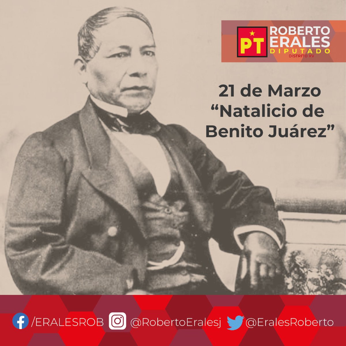 Este 21 de marzo conmemoramos el 216 aniversario del natalicio de Benito Pablo Juárez García. Político mexicano indígena y abogado, parteaguas para un gran cambio en la historia de México gracias a la Constitución de 1857 y la Guerra de Reforma ⚖️