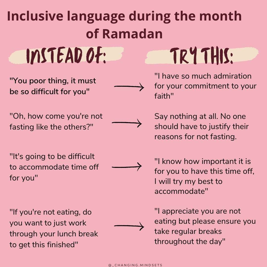 Every single person/student wants to feel welcomed and belonging. To support this goal use these inclusive language to acknowledge and support Muslim students and staff during the month of Ramadan! #Ramadan2022