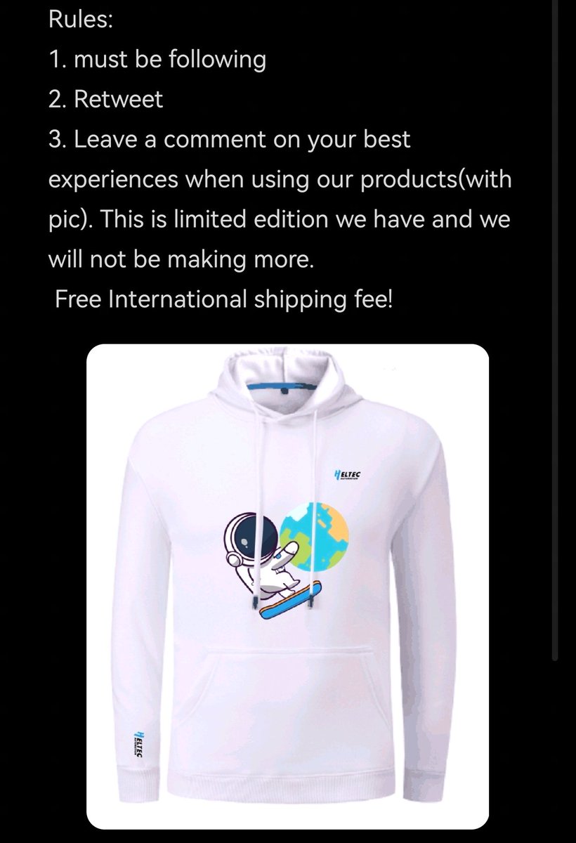 HeltecOrg's tweet photo. Hey guys! Let's do a giveaway!!!
Heltec is giving away this originally designed Technological universe creation printed hoodies for free as thanks for your heartfelt support! https://t.co/oPPUcVqBoV