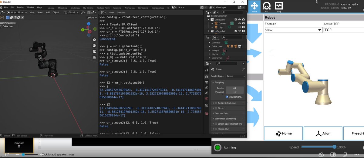 compas_dev's tweet image. A screenshot of last week&apos;s workshop: using COMPAS &amp;amp; COMPAS FAB from @Blender with a simulated @Universal_Robot arm and control using @SDUengineering ur-rtde
