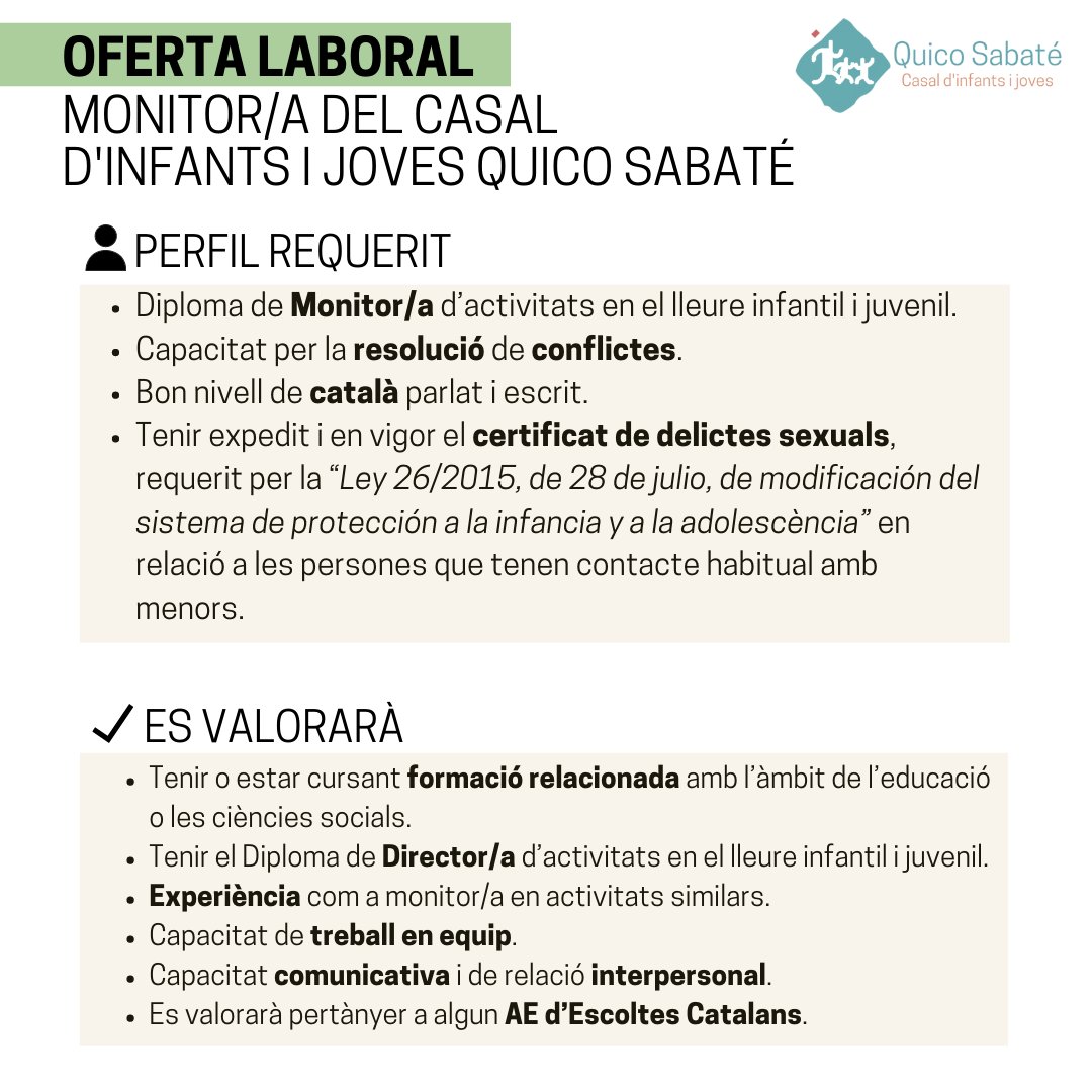 FundacioEJC's tweet photo. 📢 #Ofertadefeina |  Obrim convocatòria per una plaça de Monitor/a del Casal d'Infants i Joves Quico Sabaté @casalquico  

📩 Envia'ns el teu CV a @coordinacioserveis@josepcarol.cat https://t.co/kGocePlVfd