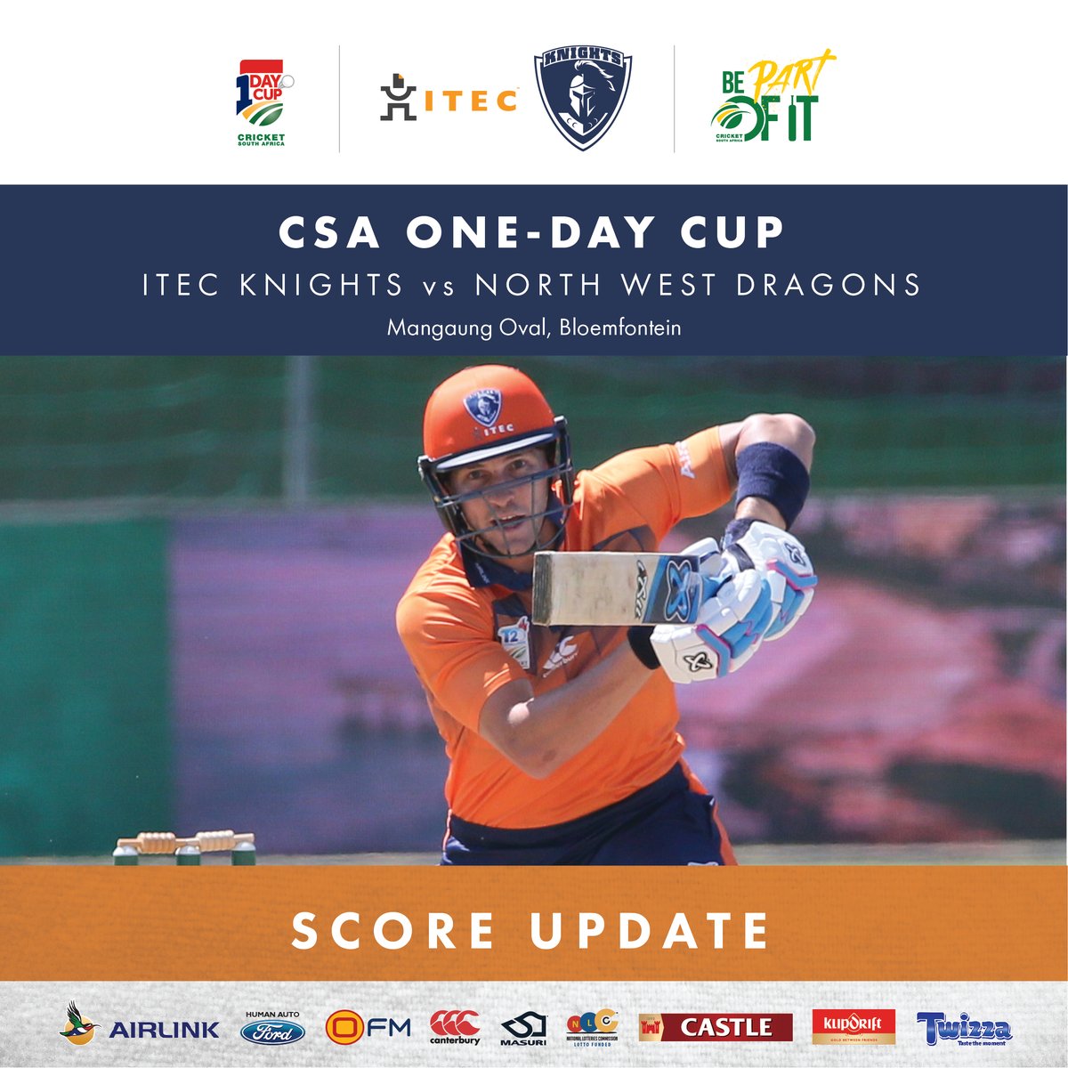 KnightsCricket's tweet photo. CSA #1DayCup
๐ฆ๐๐ข๐ฅ๐ ๐จ๐ฃ๐๐๐ง๐ | 34 OVERS
Itec KNIGHTS vs North West Dragons
Knights | 182/3 (35ov)
van Tonder - 41* (52b)
van Biljon (c) - 36* (33b)
#BePartOfIt
#BackInOrange https://t.co/1lHQgSHV7E
