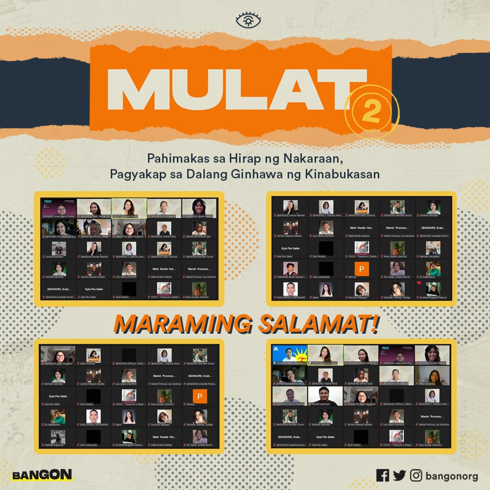 bangonorg's tweet photo. Sana ay marami kayong natutunan sa mga tinalakay na kontemporaryong isyu ng lipunan, sa kalusugan, edukasyon, at pati na rin sa dapat iboto sa nalalapit na eleksyon.

Patuloy tayong maging mulat sa kalagayan ng bayan at maging kaisa sa pagbabago. ✊ https://t.co/GSQ2T0POue