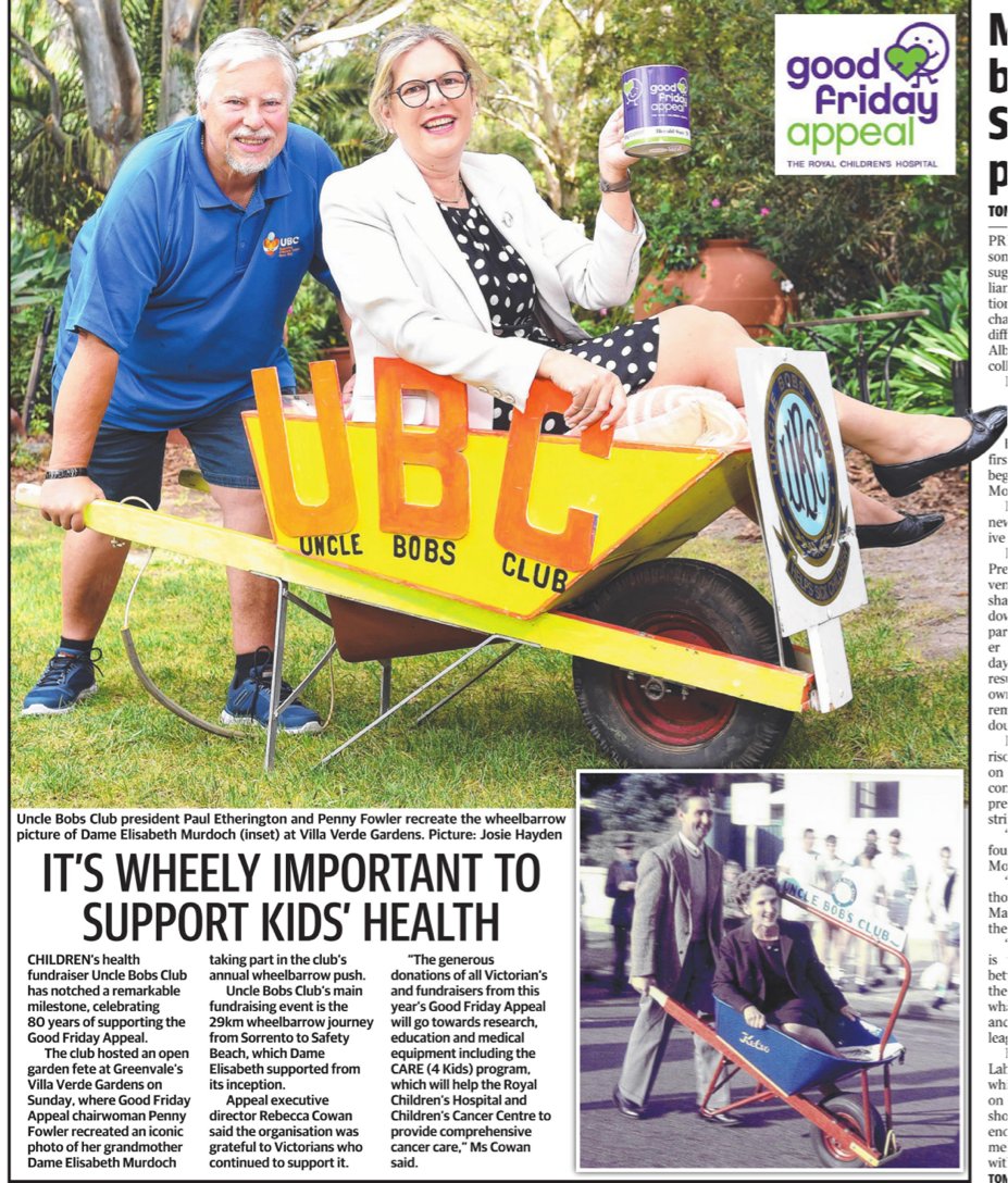 ubcvic's tweet photo. Did you see UBC in today's Herald Sun?

At yesterday's Open Garden Fete held by UBC at Villa Verde, President Paul Etherington and @goodfridayappeal Appeal chair Penny Fowler recreated the classic shot of Penny's grandmother Dame Elisabeth Murdoch in the wheelbarrow.

#ubcvic https://t.co/9xAZMQQRd6