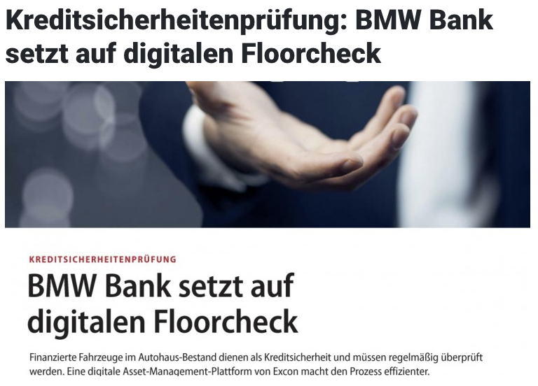 ExconServices's tweet photo. Wie die BMW Bank ihre Kreditsicherheitenprüfungen in Deutschland mit EXCON digitalisiert hat, lesen Abonnenten ab heute im AUTOHAUS Magazin 6/22. 

#Digitalisierung #Digitization #Transformation #Banking #Finance #Mobility https://t.co/dOTDcmma9n