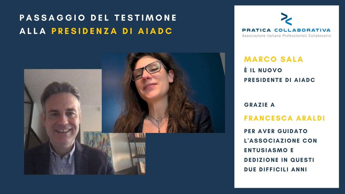 La storia continua. #aiadc ha un nuovo presidente. Marco Sala. Avvocato e mediatore. Autore con Cristina Menichino del manuale di #praticacollaborativa. 
Succede a <a href="/AraldiFrancesca/">FrancescaAraldi</a>, alla quale va il ringraziamento di tutti i #professionisticollaborativi!  💕
Avanti così!