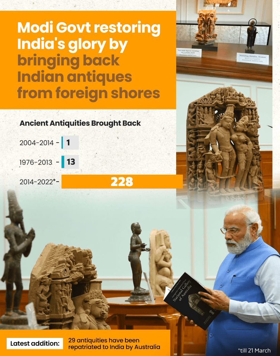 Tejasvi_Surya's tweet photo. PM Sri @NarendraModi Ji inspects 29 precious antiquities brought to India from Australia. 

Modi Ji is relentlessly ensuring the repatriation of long lost Indian antiquities of Lord Shiva, Lord Vishnu, Jainism and other Dharmic traditions from around the world. https://t.co/CZy1KCtQBC