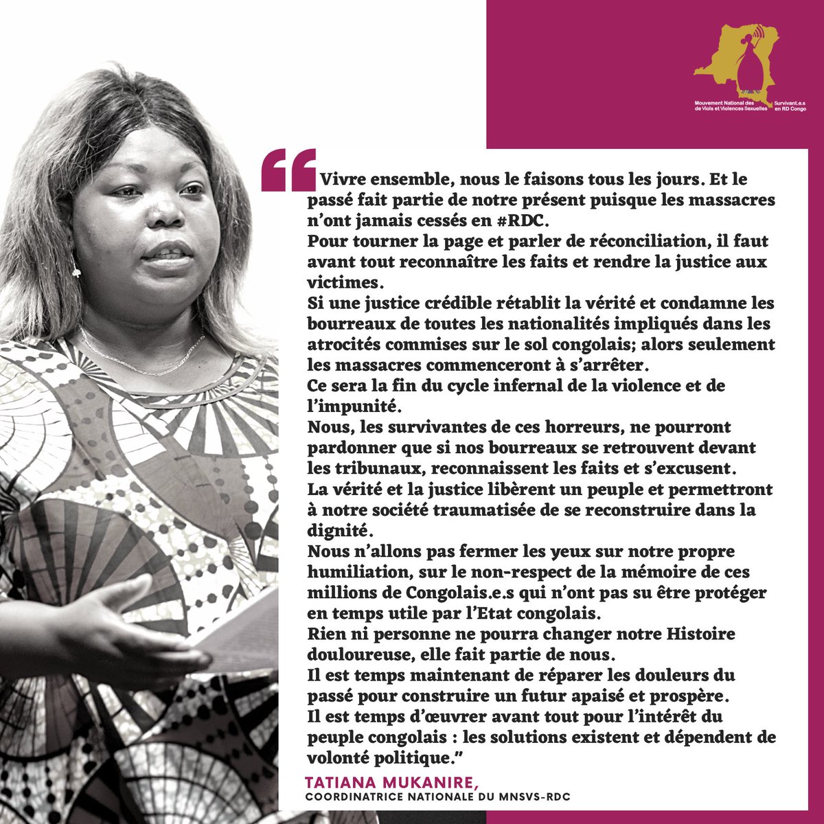 "... le passé fait partie de notre présent puisque les massacres n’ont jamais cessés en #RDC. 
Pour tourner la page et parler de réconciliation, il faut avant tout reconnaître les faits et rendre la justice aux victimes..."