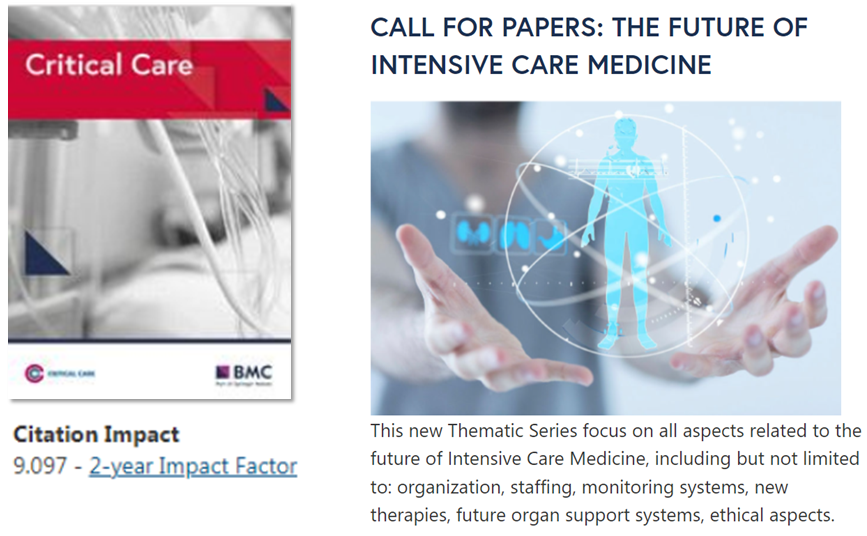 Crit_Care's tweet photo. CritCare OpenAccess 
New Thematic Series “THE FUTURE OF #INTENSIVE_CARE_MEDICINE” https://t.co/cWRRE9NKOJ

Where are we going from here?
Submit your paper now! https://t.co/pDH5geoOd5

#FOAMed #FOAMcc #BMC @jlvincen @ISICEM #ICU #Intensive_care https://t.co/pUhKs5Yrke