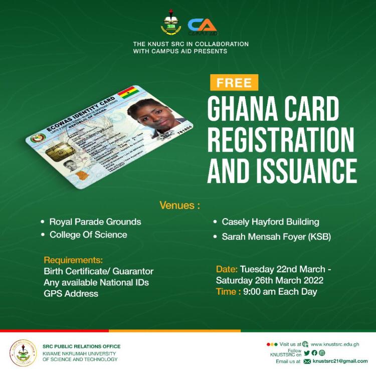 Take Note 📍📍📍
The <a href="/knust_src/">KNUST SRC.</a>  in collaboration with Campus Aid presents a free mass Ghana Card Registration and Issuance on Tuesday 22nd March,2022. Below are the venues  such Exercises 👇👇👇.

#WatsuptekReport  #knust