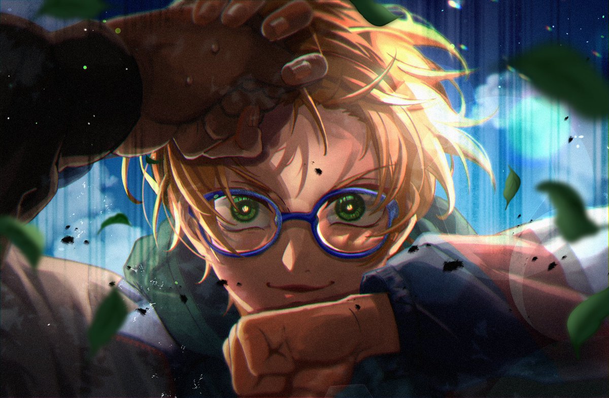 male focus green eyes glasses 1boy blue-framed eyewear looking at viewer blonde hair  illustration images