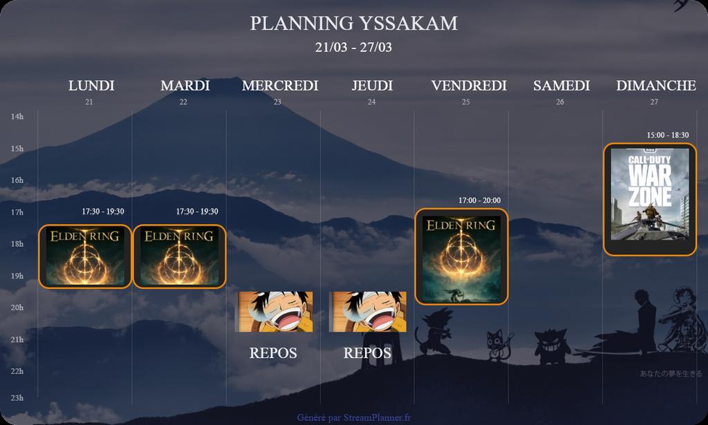 yssakam's tweet photo. Planning de la semaine !

#twitch #twitchfr #twitchstreamer #stream #streaming #live #gaming #gamer #jeuxvideo #jeux #livestream #eldenring #callofdutywarzone #callofduty https://t.co/agSIPV89aQ